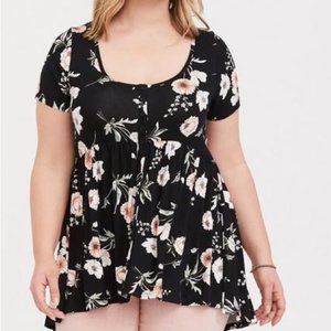 Women’s torrid 00 Black Floral Babydoll Super Soft Button-Front Top M L 10 12